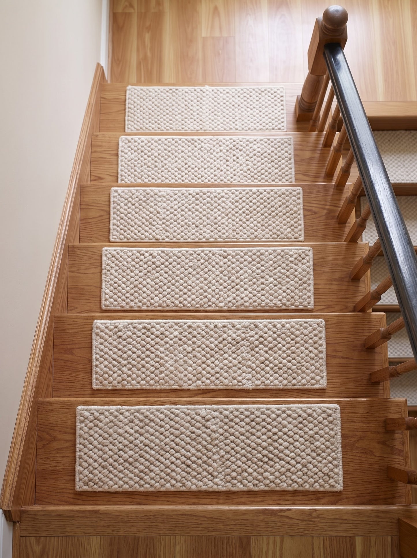 Handwoven Wool Stair Treads, Cream Pebble Loop Step Mats with Non-Slip Rug Pads