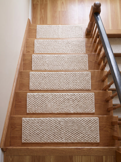 Handwoven Wool Stair Treads, Cream Pebble Loop Step Mats with Non-Slip Rug Pads