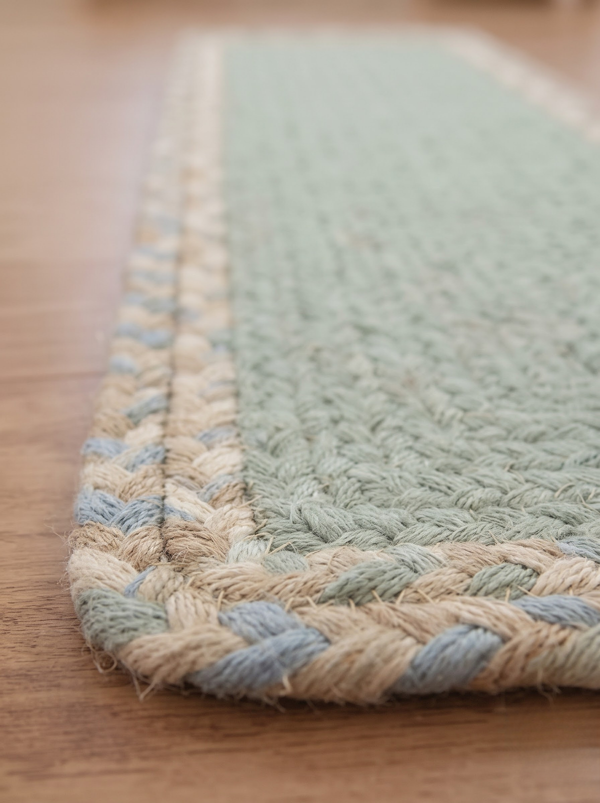 Handmade Eucalyptus Green Stair Treads, Braided Design with Tweed Border, Japandi Decor
