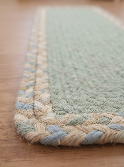Handmade Eucalyptus Green Stair Treads, Braided Design with Tweed Border, Japandi Decor