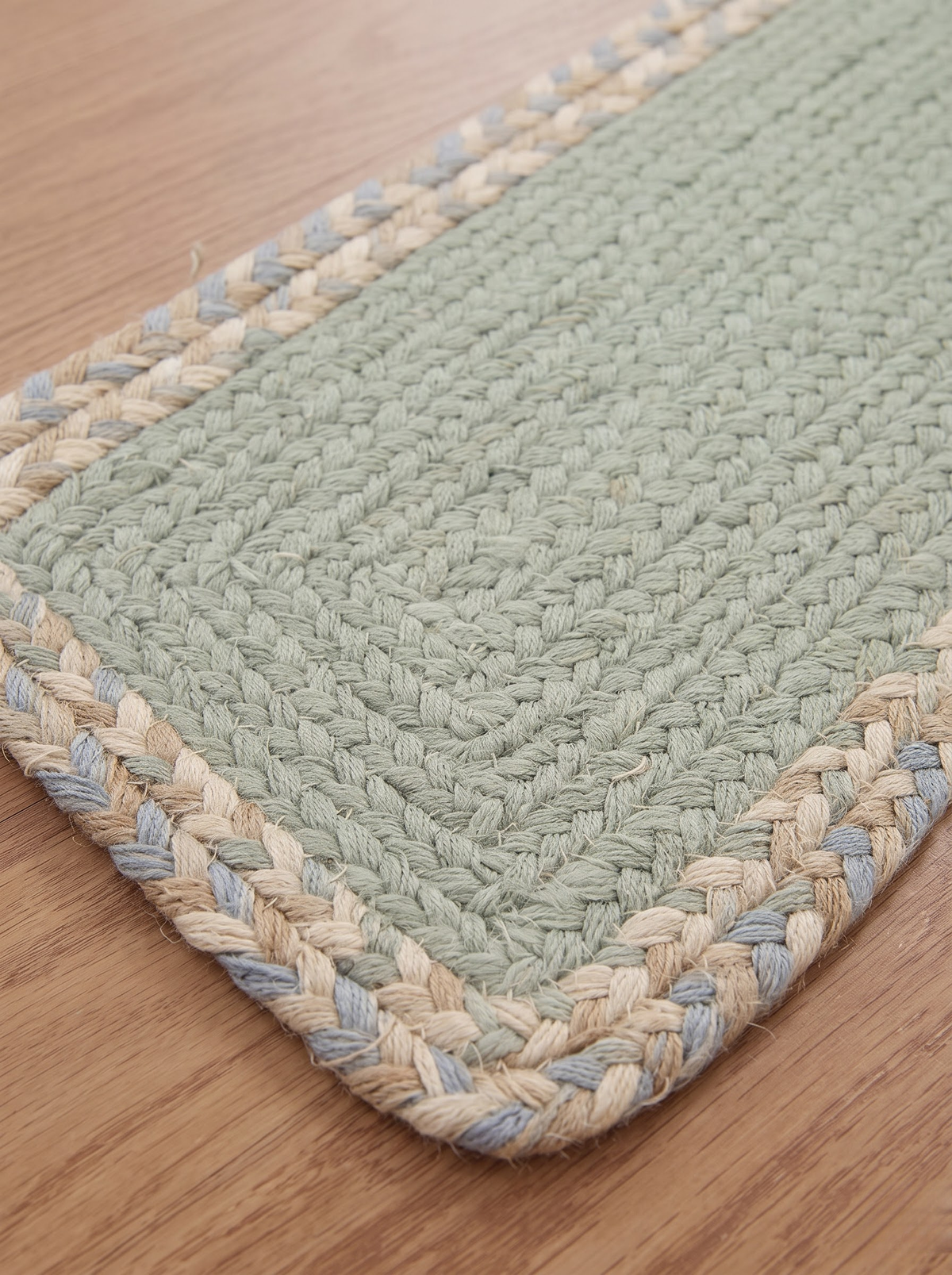 Handmade Eucalyptus Green Stair Treads, Braided Design with Tweed Border, Japandi Decor