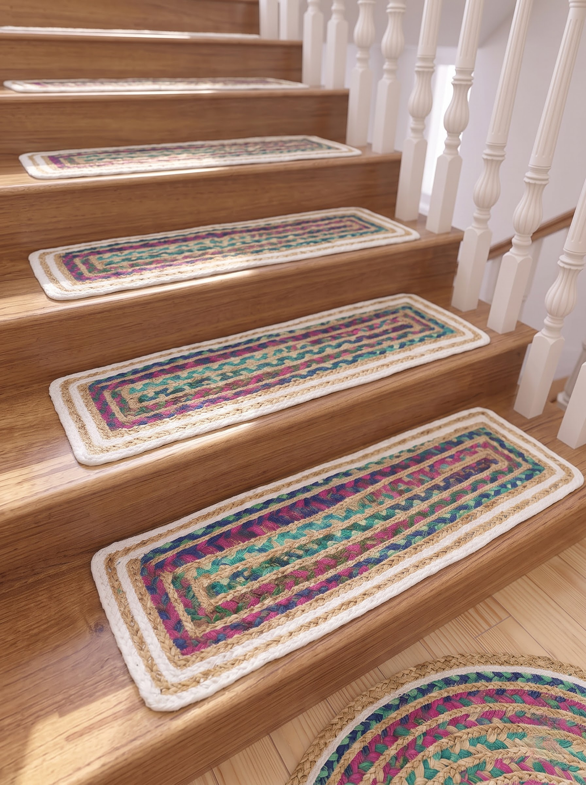Hand Braided Jute Stair Treads, Multicolor Chindi Border, Boho Staircase Step Mats