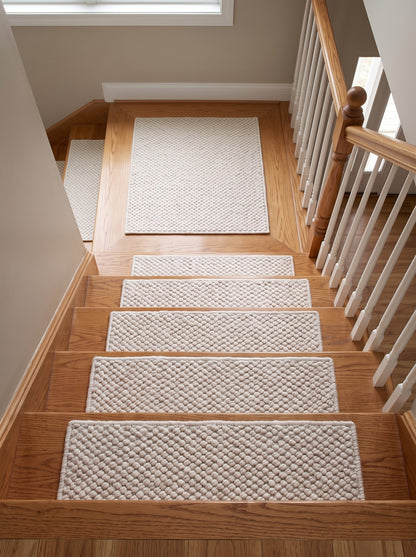 Handwoven Wool Stair Treads, Cream Pebble Loop Step Mats with Non-Slip Rug Pads