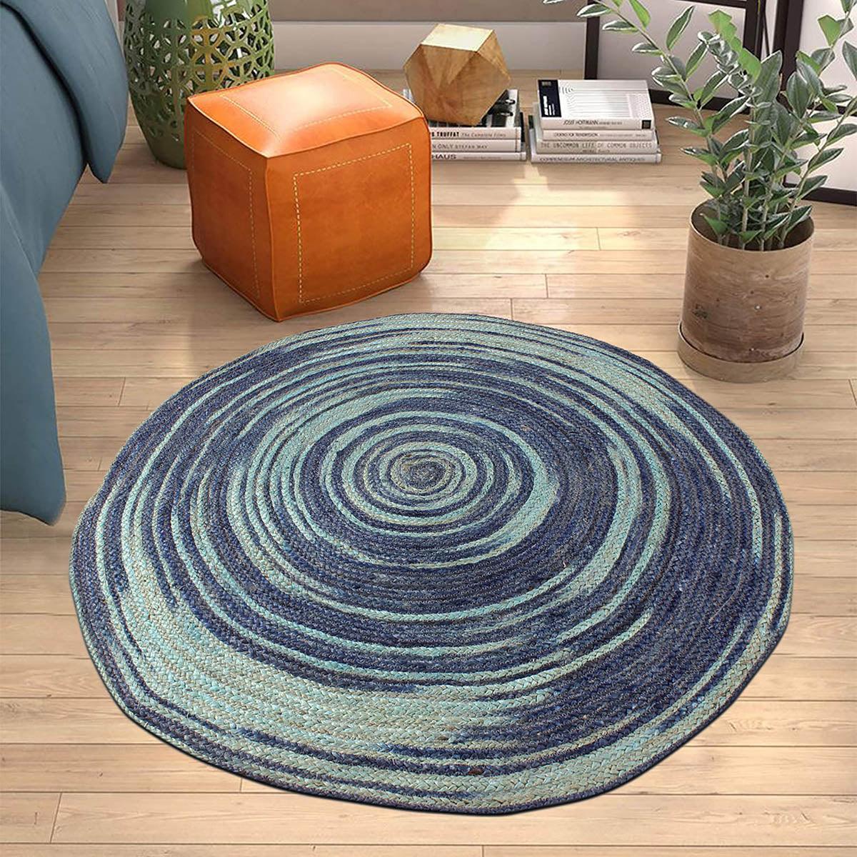 Multicolor Blue Hand Braided Geometric Farm House Decor Jute Rug - Indian Rug Store