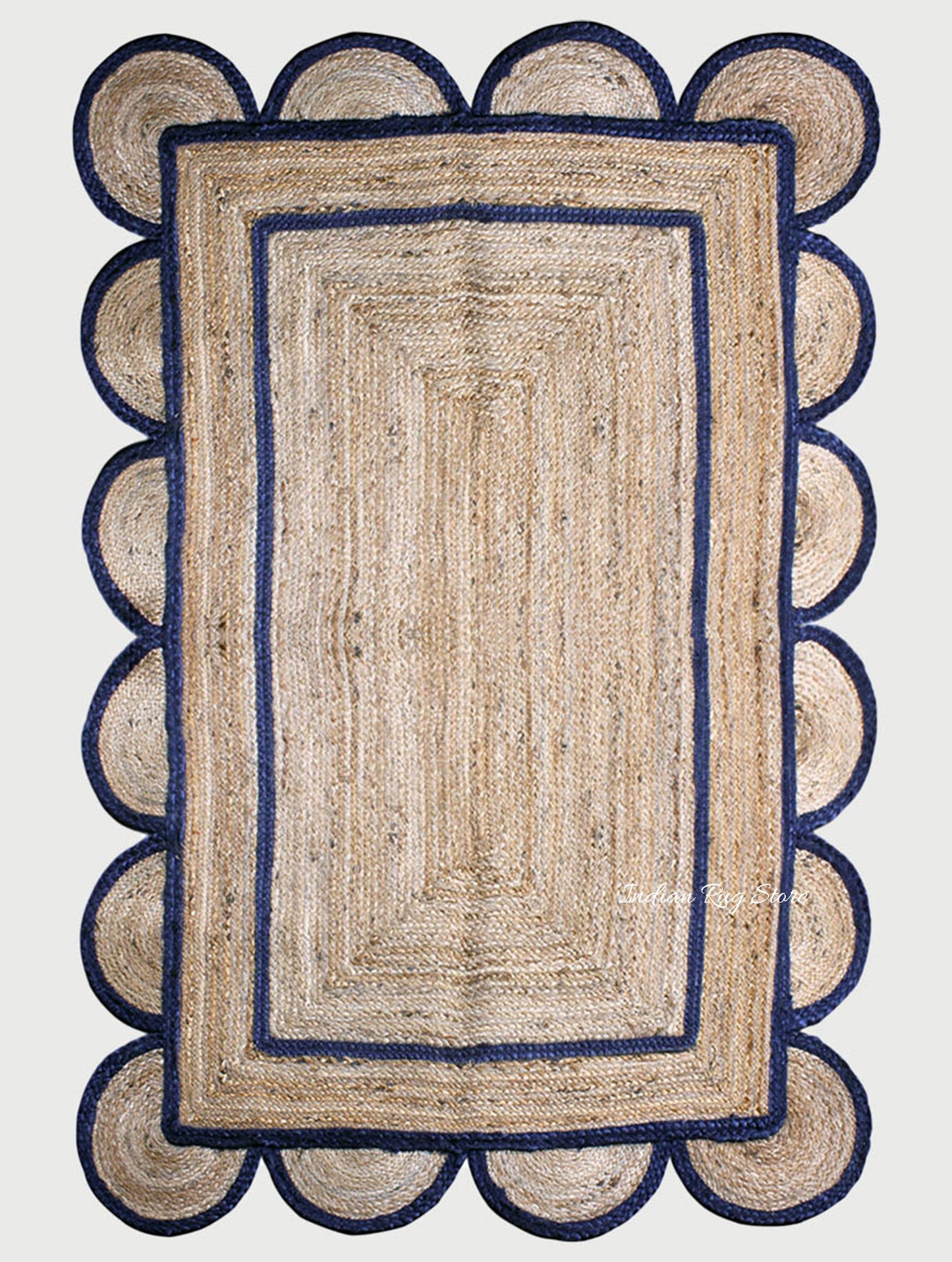 Hall Way Decor Blue Beige Hand Braided Geometric Jute Rug