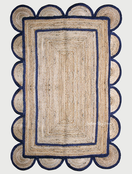 Hall Way Decor Blue Beige Hand Braided Geometric Jute Rug