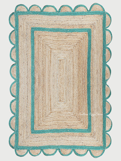 Green Beige Geometric Hand Braided Farm House Decor Jute Rug