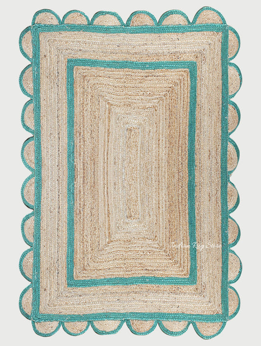 Green Beige Geometric Hand Braided Farm House Decor Jute Rug