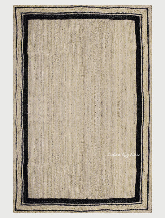 Hand Braided Rectangle Beige Black Interior Decor Jute Rug