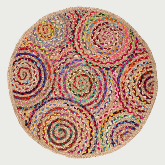 Hand Braided Home Decor Beige Multicolor Round Entrance Decor Cotton Jute Rug - Indian Rug Store