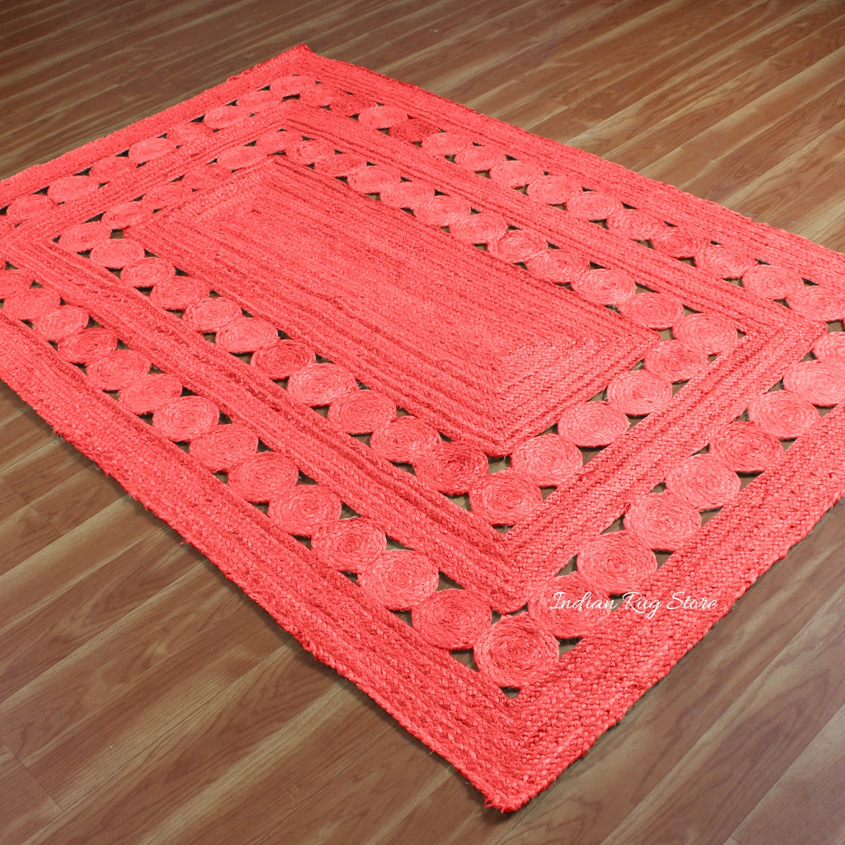 Alfombra de yute con motivos geométricos rojos trenzados a mano para decoración del hogar