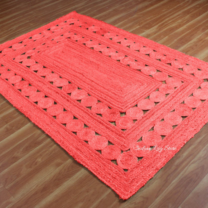 Hand Braided Red Geometric Home Decor Jute Rug