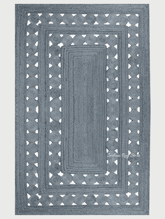 Alfombra tradicional de yute trenzada a mano con forma rectangular de color gris para decoración de exteriores