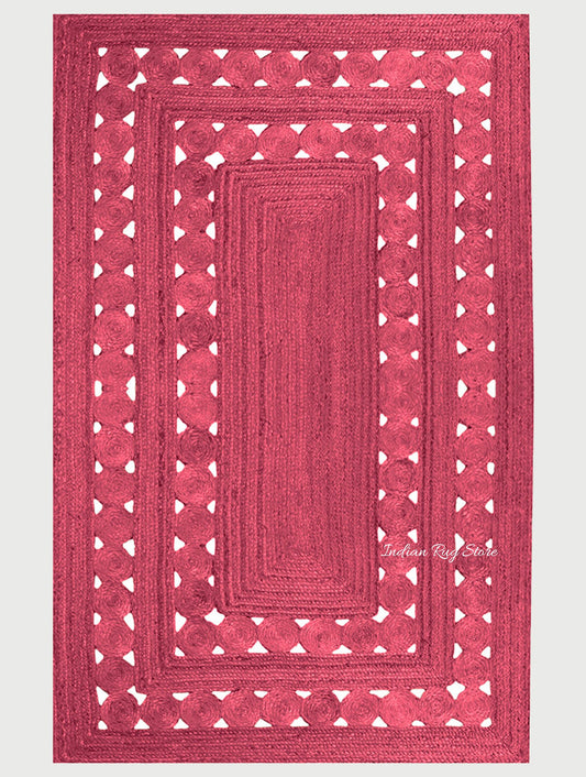 Geometric Hand Braided Maroon Interior Decor Jute Rug