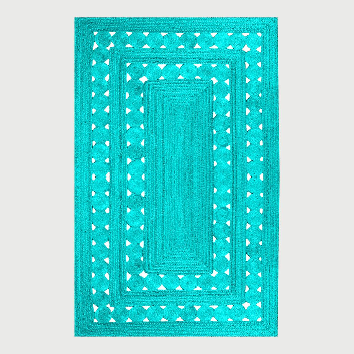 Turquoise Blue Geometric Hand Braided Hallway Decor Jute Rug - Indian Rug Store