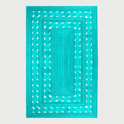 Turquoise Blue Geometric Hand Braided Hallway Decor Jute Rug - Indian Rug Store