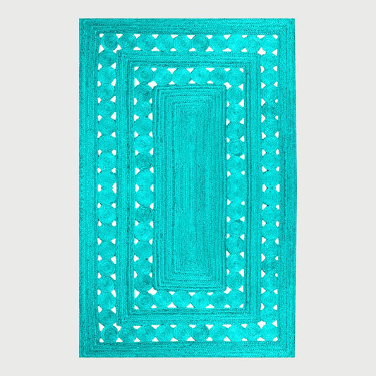 Turquoise Blue Geometric Hand Braided Hallway Decor Jute Rug - Indian Rug Store