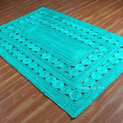 Turquoise Blue Geometric Hand Braided Hallway Decor Jute Rug