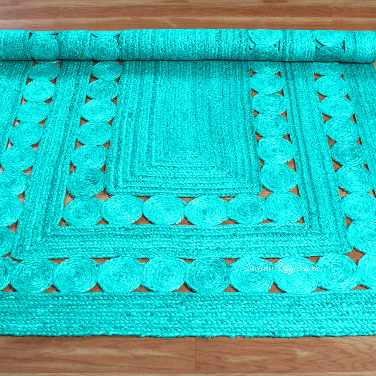 Turquoise Blue Geometric Hand Braided Hallway Decor Jute Rug