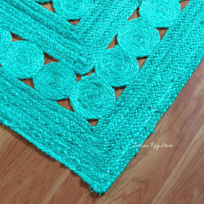 Turquoise Blue Geometric Hand Braided Hallway Decor Jute Rug