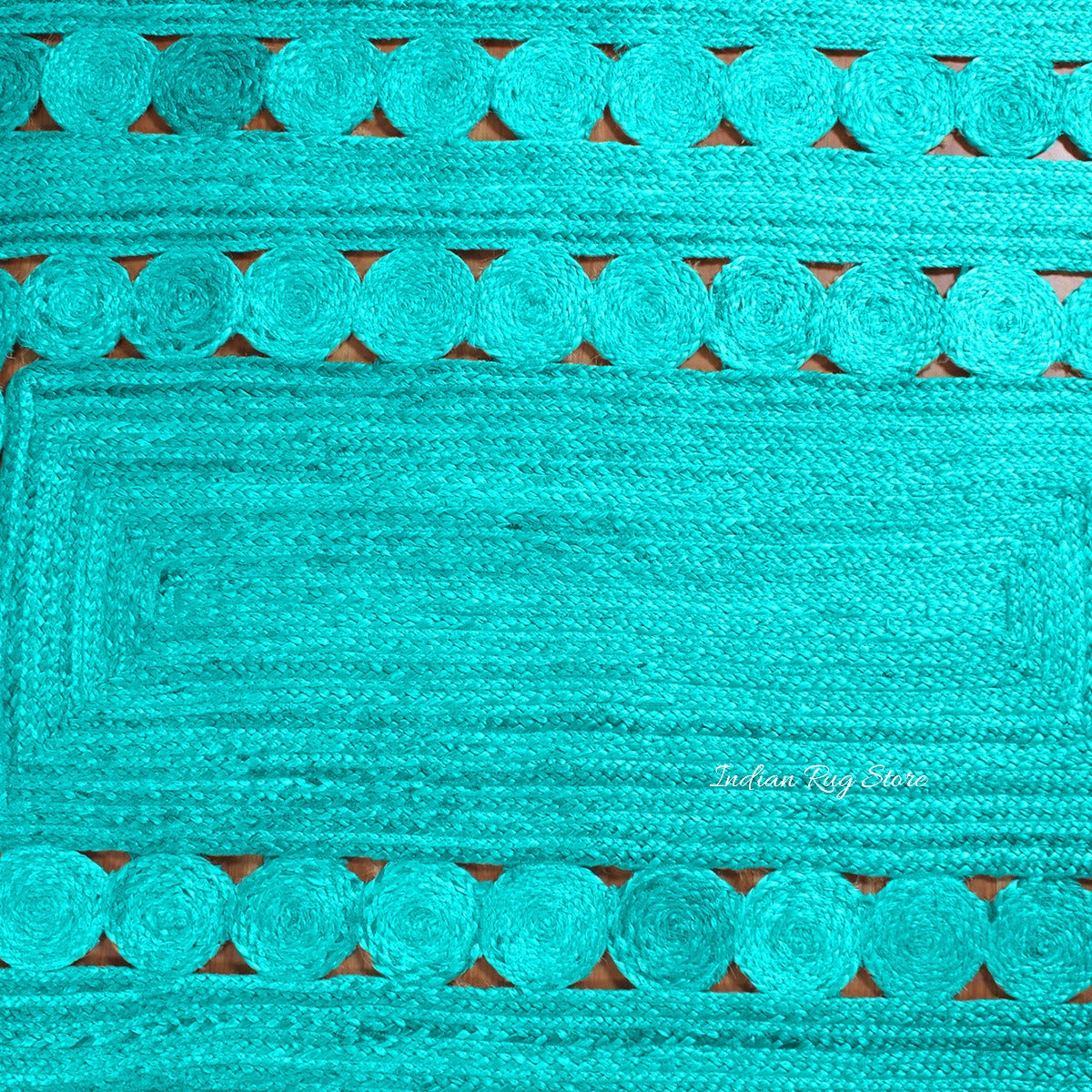 Turquoise Blue Geometric Hand Braided Hallway Decor Jute Rug