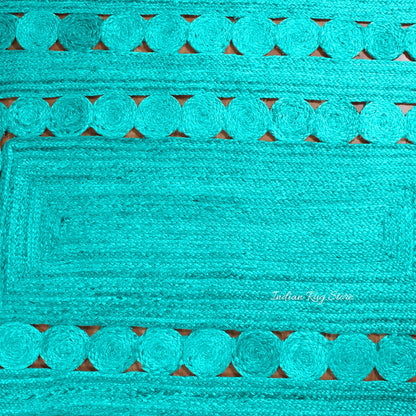 Turquoise Blue Geometric Hand Braided Hallway Decor Jute Rug