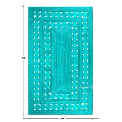 Turquoise Blue Geometric Hand Braided Hallway Decor Jute Rug