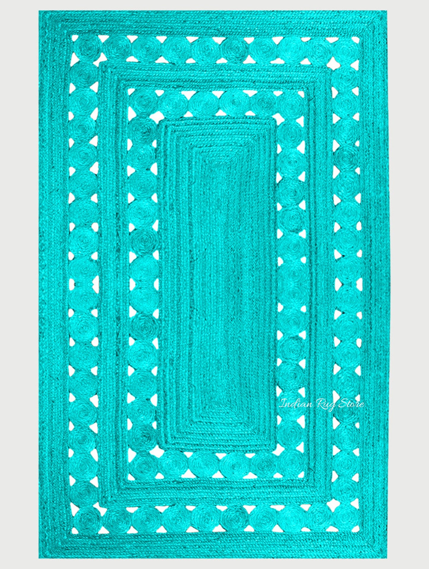 Turquoise Blue Geometric Hand Braided Hallway Decor Jute Rug