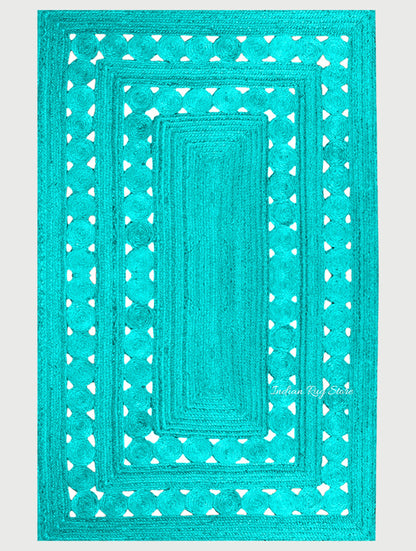 Turquoise Blue Geometric Hand Braided Hallway Decor Jute Rug