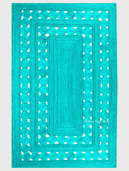 Turquoise Blue Geometric Hand Braided Hallway Decor Jute Rug