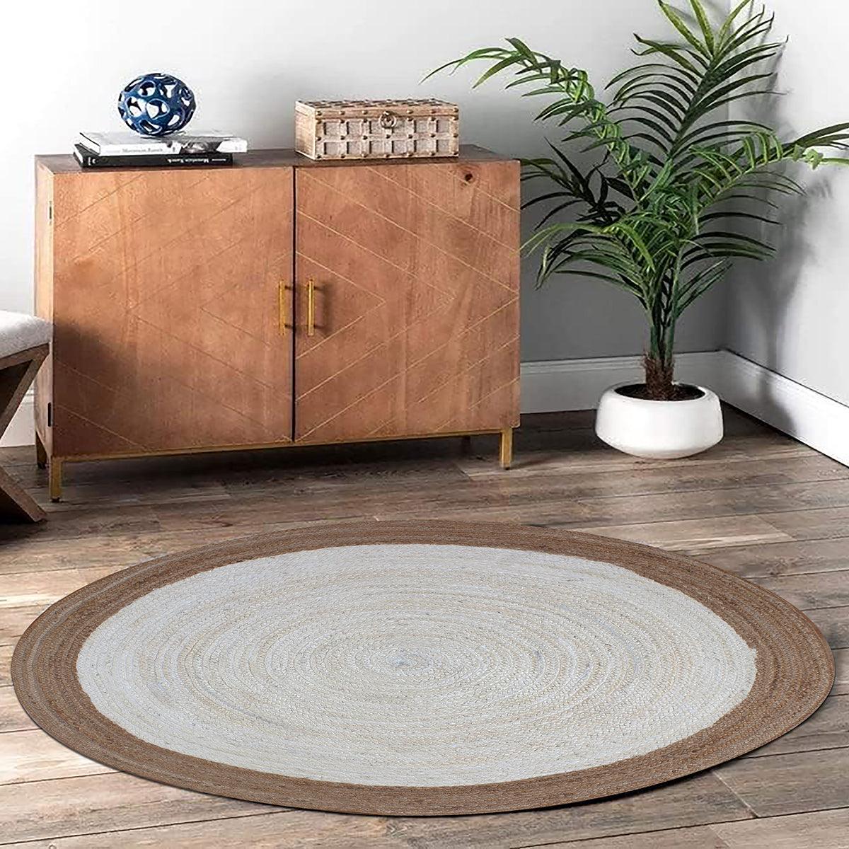 White Beige Round Hand Braided Interior Decor Jute Rug - Indian Rug Store