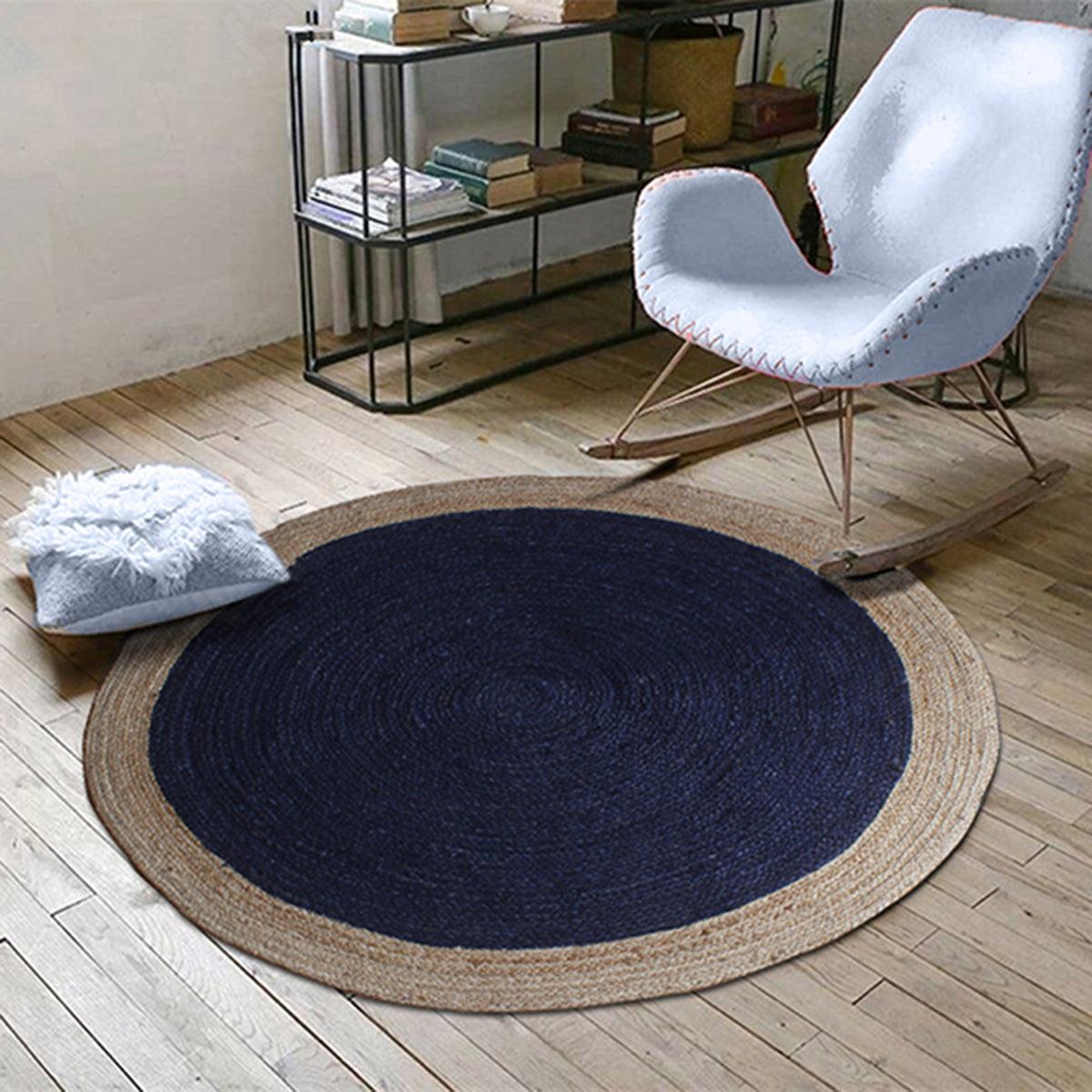 Farm House Decor Hand Braided Round Blue Beige Jute Rug - Indian Rug Store