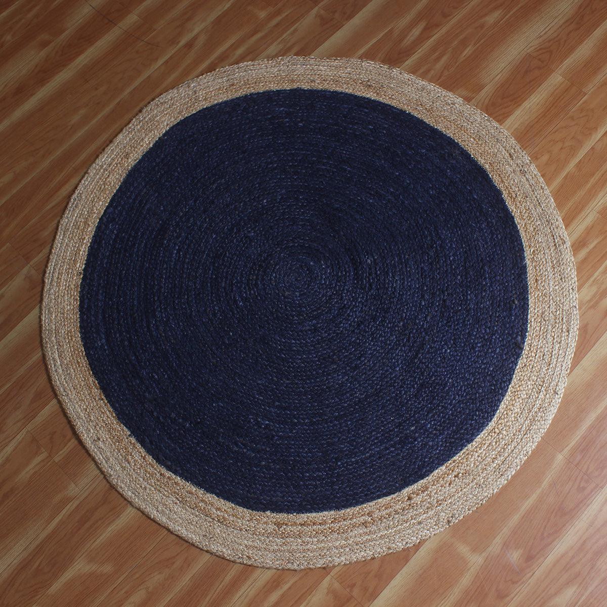 Farm House Decor Hand Braided Round Blue Beige Jute Rug - Indian Rug Store