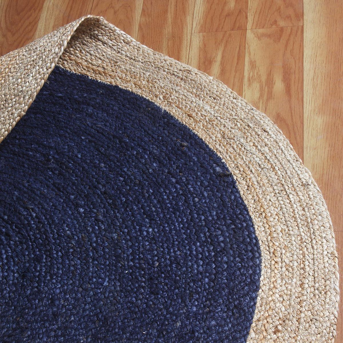 Farm House Decor Hand Braided Round Blue Beige Jute Rug - Indian Rug Store