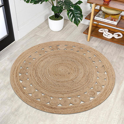 Geometric Beige Round Hallway Decor Hand Braided Jute Rug - Indian Rug Store