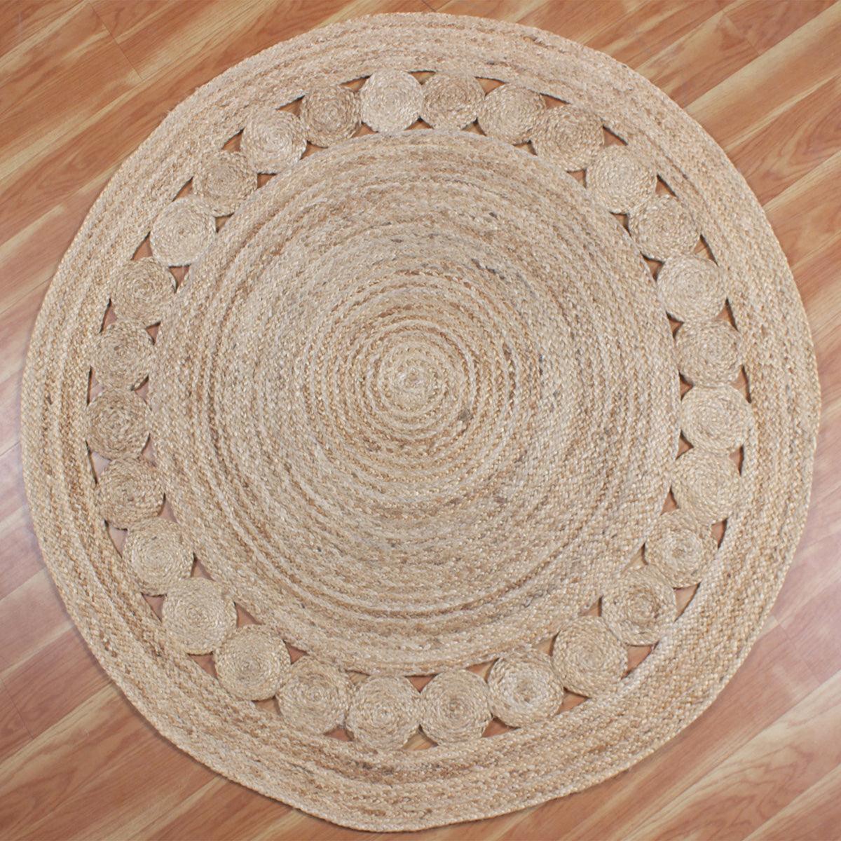 Geometric Beige Round Hallway Decor Hand Braided Jute Rug - Indian Rug Store