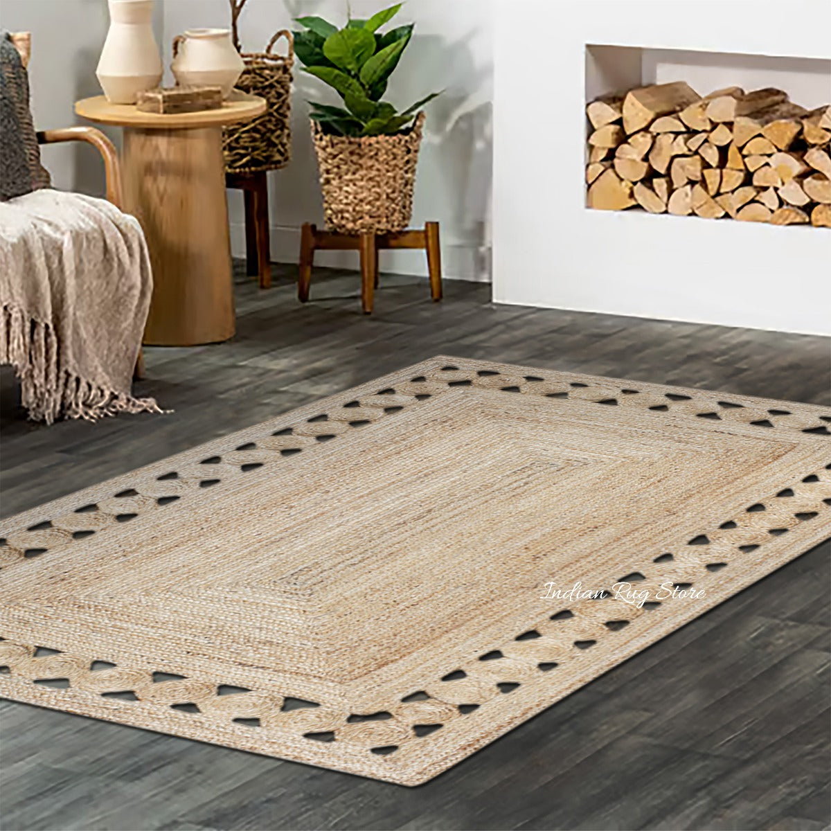 Alfombra de yute trenzada a mano con diseño geométrico rectangular de color beige para decoración del hogar