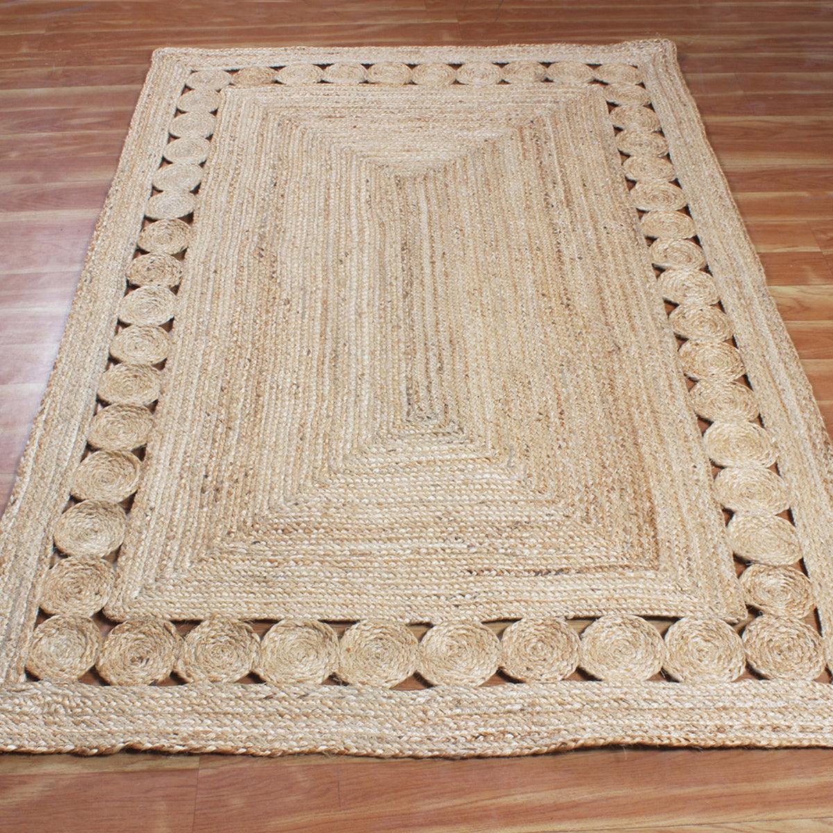 Beige Rectangle Geometric Hand Braided Home Decor Jute Rug - Indian Rug Store