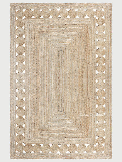 Beige Rectangle Geometric Hand Braided Home Decor Jute Rug