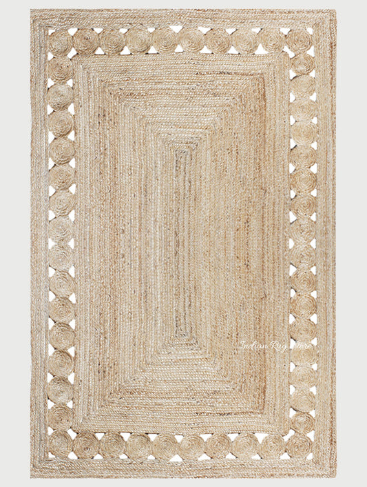 Beige Rectangle Geometric Hand Braided Home Decor Jute Rug