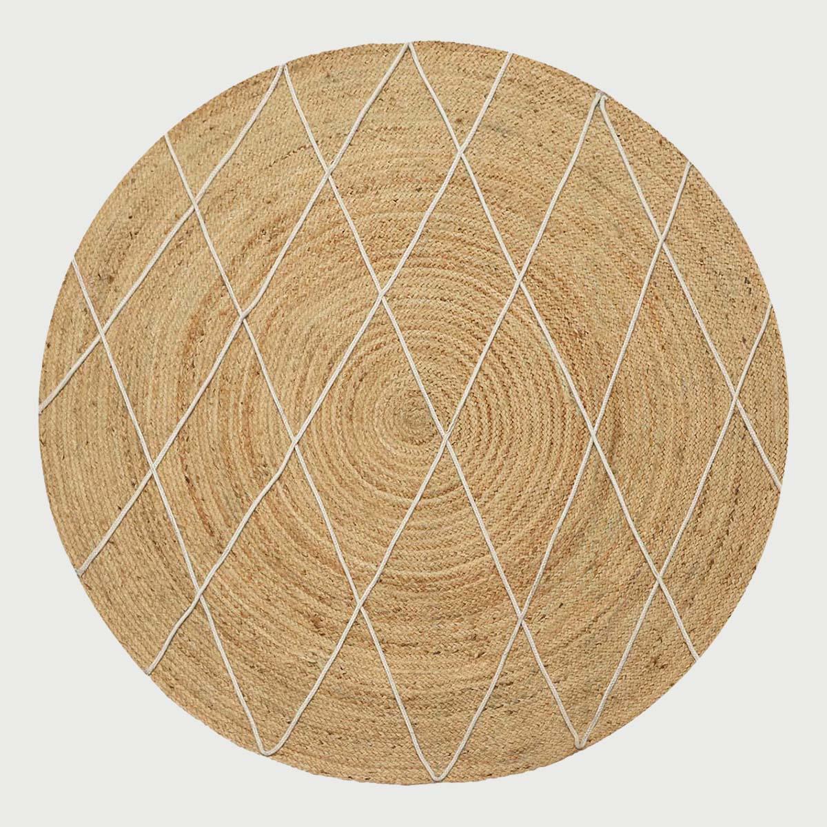 Round White Beige Geometric Hand Braided Living Area Jute Rug - Indian Rug Store