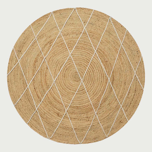 Round White Beige Geometric Hand Braided Living Area Jute Rug - Indian Rug Store