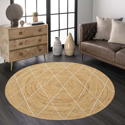 Round White Beige Geometric Hand Braided Living Area Jute Rug - Indian Rug Store