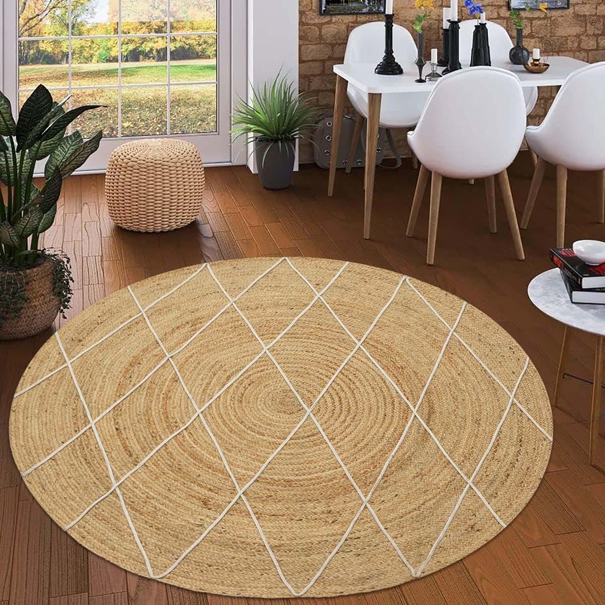 Round White Beige Geometric Hand Braided Living Area Jute Rug - Indian Rug Store