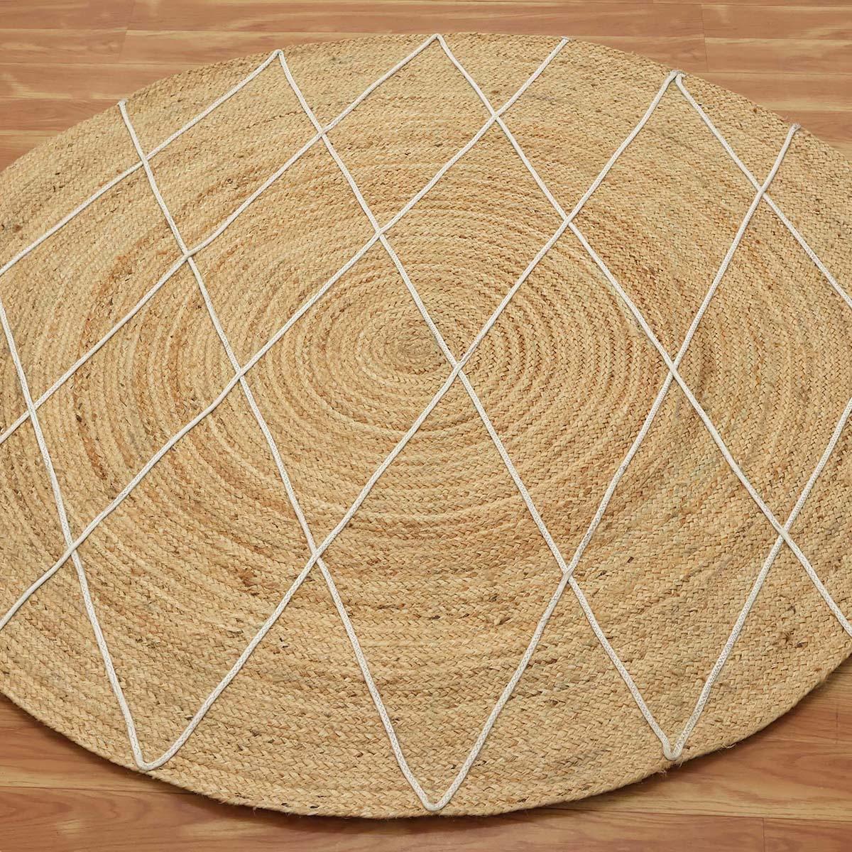 Round White Beige Geometric Hand Braided Living Area Jute Rug - Indian Rug Store