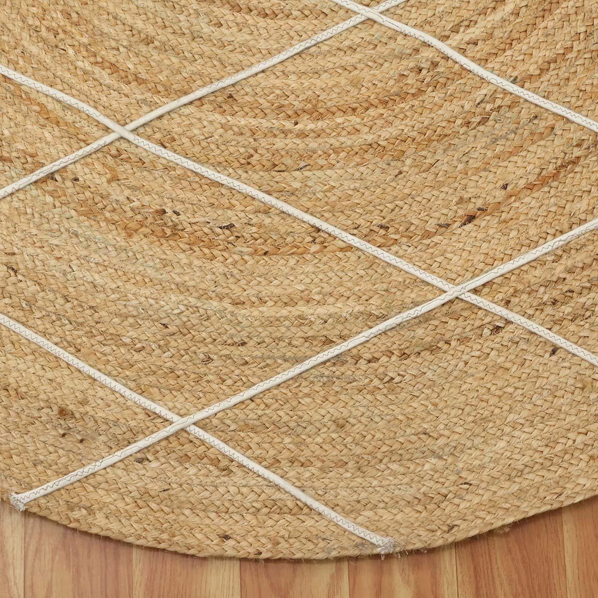 Round White Beige Geometric Hand Braided Living Area Jute Rug - Indian Rug Store