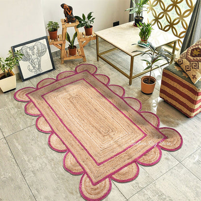 Alfombra de yute trenzada a mano con diseño geométrico en tonos beige y rosa para decoración de interiores