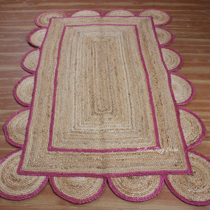 Geometric Beige Pink Hand Braided Interior Decor Jute Rug