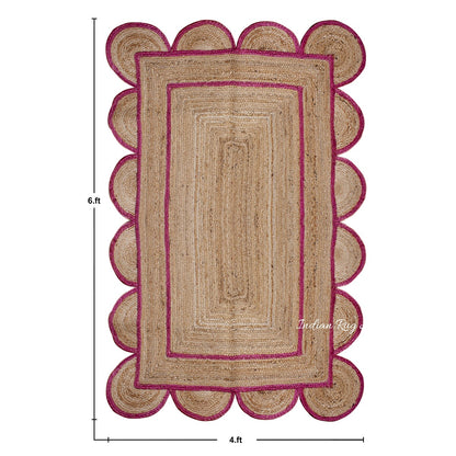 Alfombra de yute trenzada a mano con diseño geométrico en tonos beige y rosa para decoración de interiores