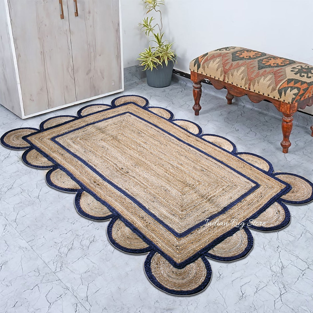 Hall Way Decor Blue Beige Hand Braided Geometric Jute Rug